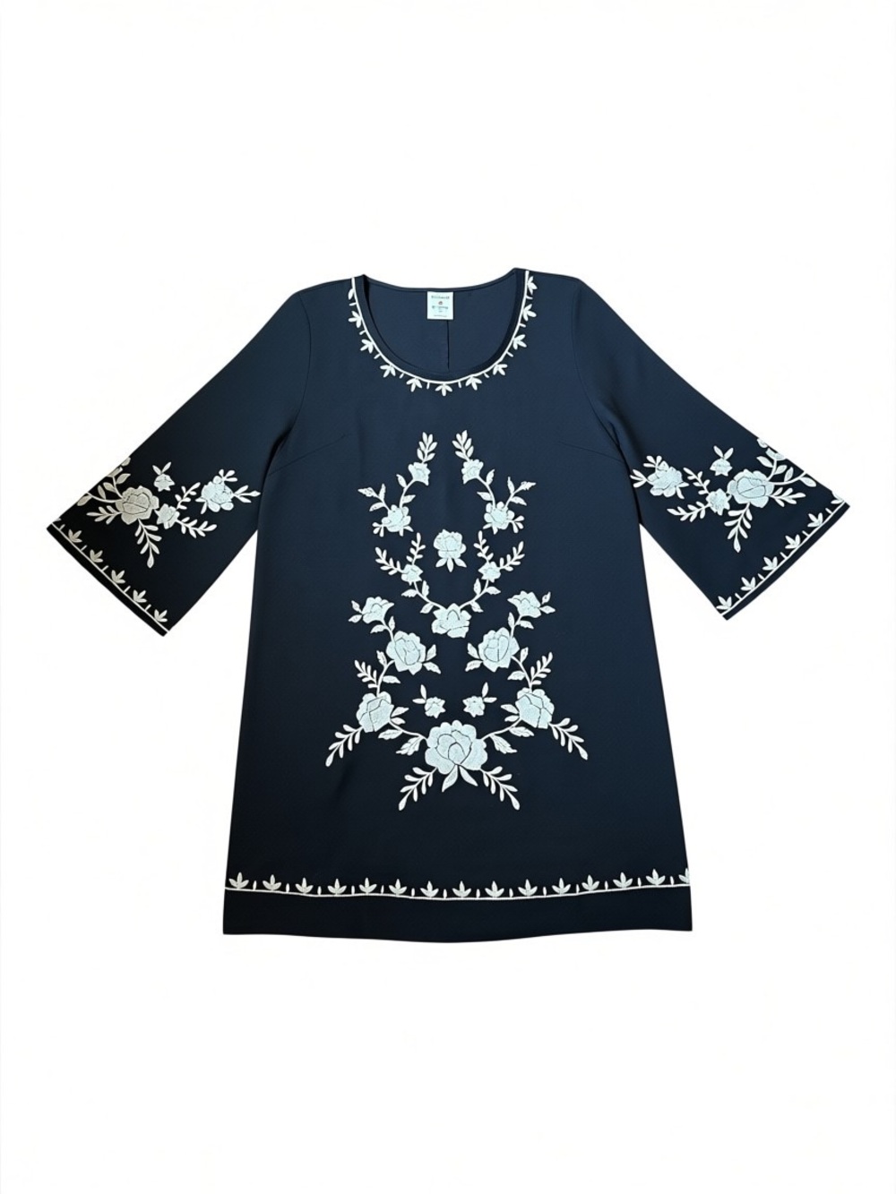 BY TOGETHER BLACK FLAX AND COTTON DRESS W/ STUNNING EMBROIDERY BELL SLEEVES SZ M